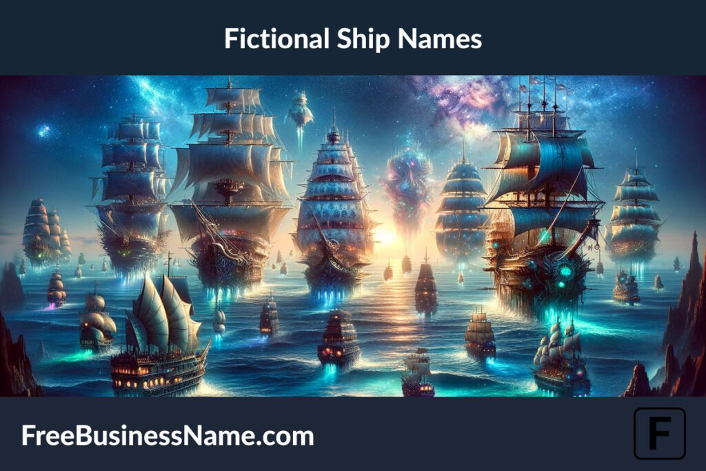 The image has been created to capture the essence of an array of fictional ships, each with their unique and fantastical designs, sailing across a mystical sea under a starlit sky.