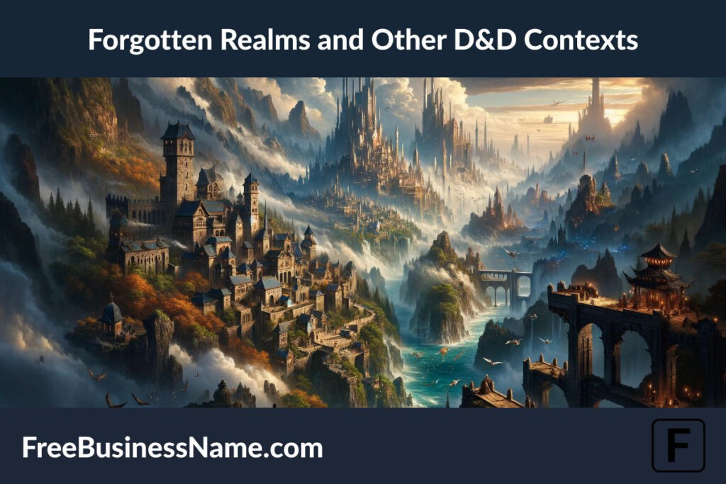 The cinematic image showcasing the expansive universe of the Forgotten Realms and other Dungeons & Dragons contexts has been created. This visualization captures the essence of a world filled with magic, mystery, and adventure, highlighting the diverse environments and the vibrant life within the D&D universe, all without including any explicit letters, numbers, or names.