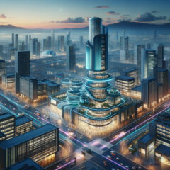 the cinematic image inspired by the AI Business Name Generator. It reflects a futuristic cityscape at dusk, with neon lights and a range of buildings, symbolizing innovation and technological progress. The central skyscraper represents a business incubator or hub, surrounded by smaller, modern structures in a bustling business environment. The scene is alive with people and autonomous vehicles, conveying a sense of entrepreneurship and forward-thinking, typical of AI-driven ventures.