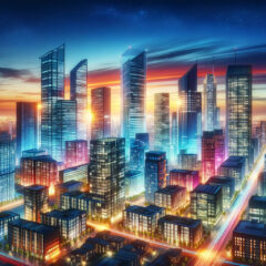 a cinematic image inspired by the concept of a Free Business Name Generator. It features a modern, vibrant cityscape at dusk, symbolizing innovation and entrepreneurship. The illuminated skyscrapers and bustling streets capture the dynamic spirit of a business district. This visualization reflects the energy, creativity, and endless possibilities inherent in new business ventures.
