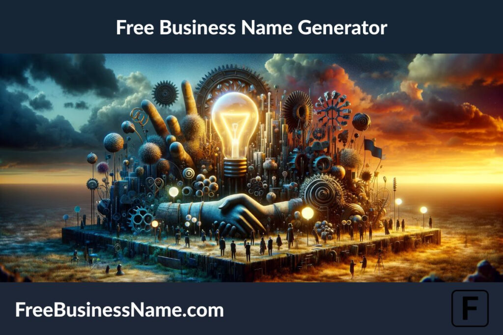 a cinematic image inspired by the concept of a Free Business Name Generator. It symbolizes creativity and innovation in business, set in a vibrant landscape with abstract sculptures representing different aspects of entrepreneurship.