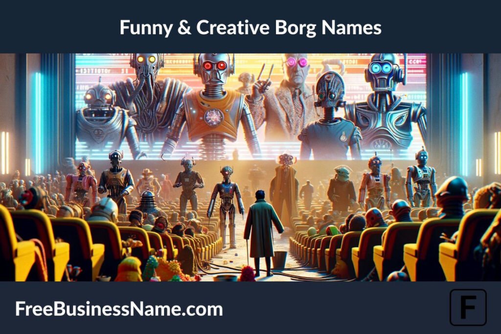 Here is the cinematic widescreen image capturing the theme of 'Funny & Creative Borg Names' in a science fiction setting.