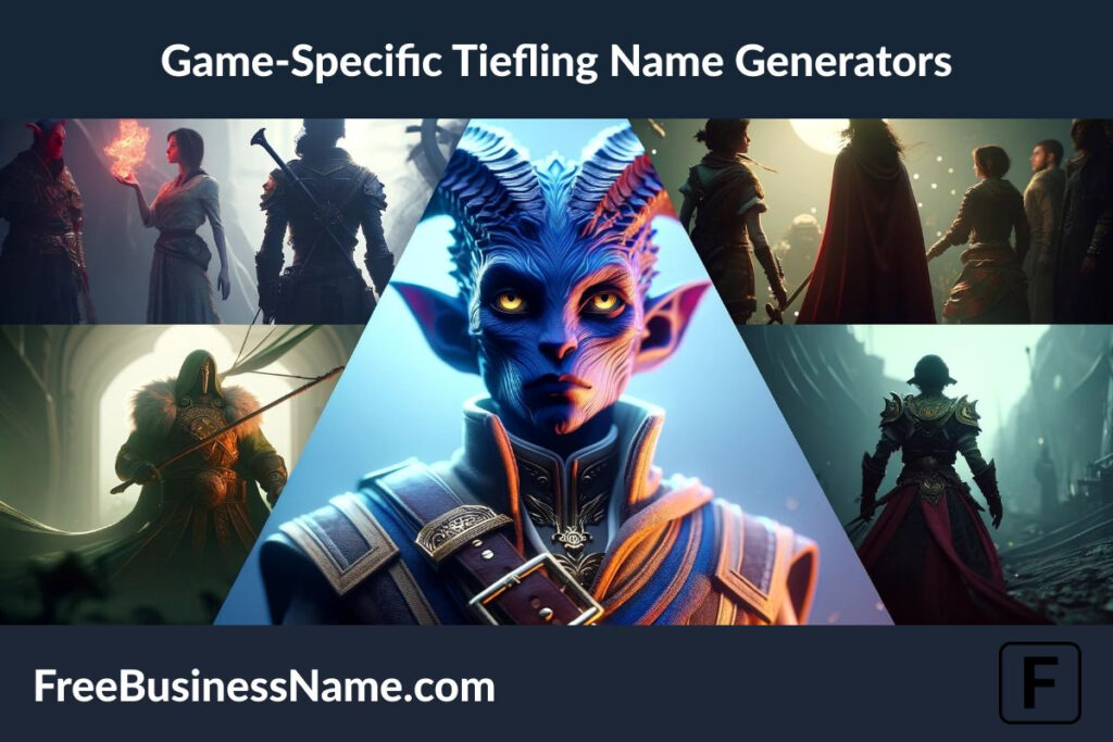 a cinematic portrayal of the concept of Game-Specific Tiefling Name Generators, illustrating the unique styles of Tieflings as they appear in different games, highlighting the diversity and adaptability of their appearances and themes.