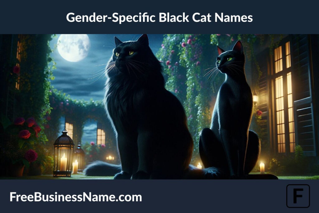a cinematic image inspired by gender-specific black cat names. It features two black cats, one with a masculine presence and the other with a feminine aura, both on a moonlit garden terrace under a starry sky. The image captures their distinct characteristics in an enchanting and mysterious setting.