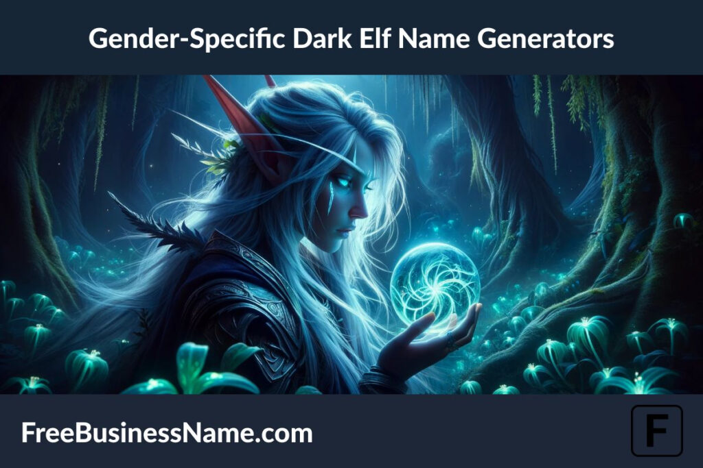 the cinematic image depicting a mystical scene in a dark, enchanted forest with a dark elf interacting with a glowing crystal orb. This image encapsulates the magical and secretive atmosphere associated with the concept of gender-specific dark elf name generators.