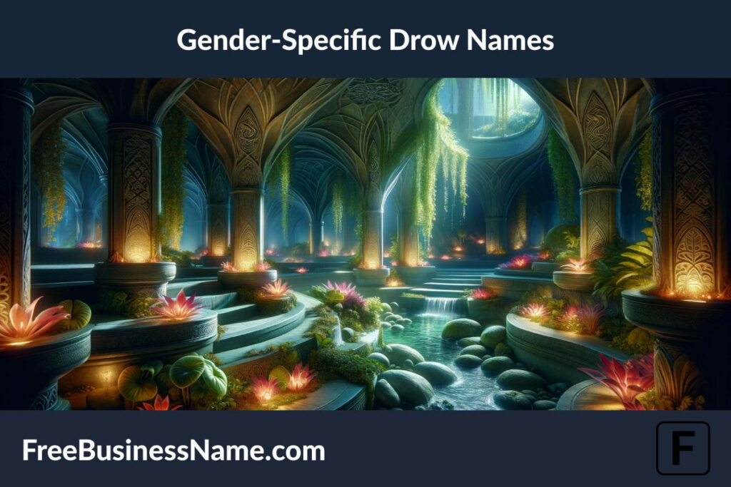 The cinematic image of a serene and mystical underground garden, symbolizing the grace and power of the Drow matriarchy, has been created. It captures the tranquil beauty of this hidden sanctuary, highlighted by luminous plants and the elegant architecture that reflects a deep appreciation for both beauty and strength within a matriarchal culture.