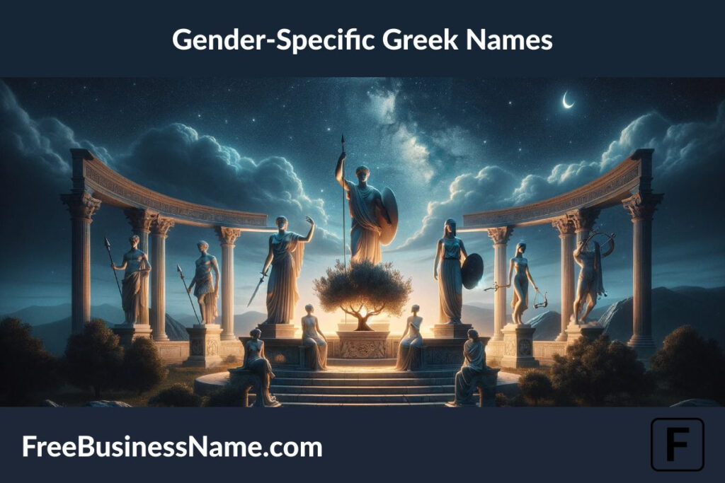 Here is the cinematic image you requested, inspired by gender-specific Greek names, conveyed through symbolism within an ancient Greek amphitheater setting.