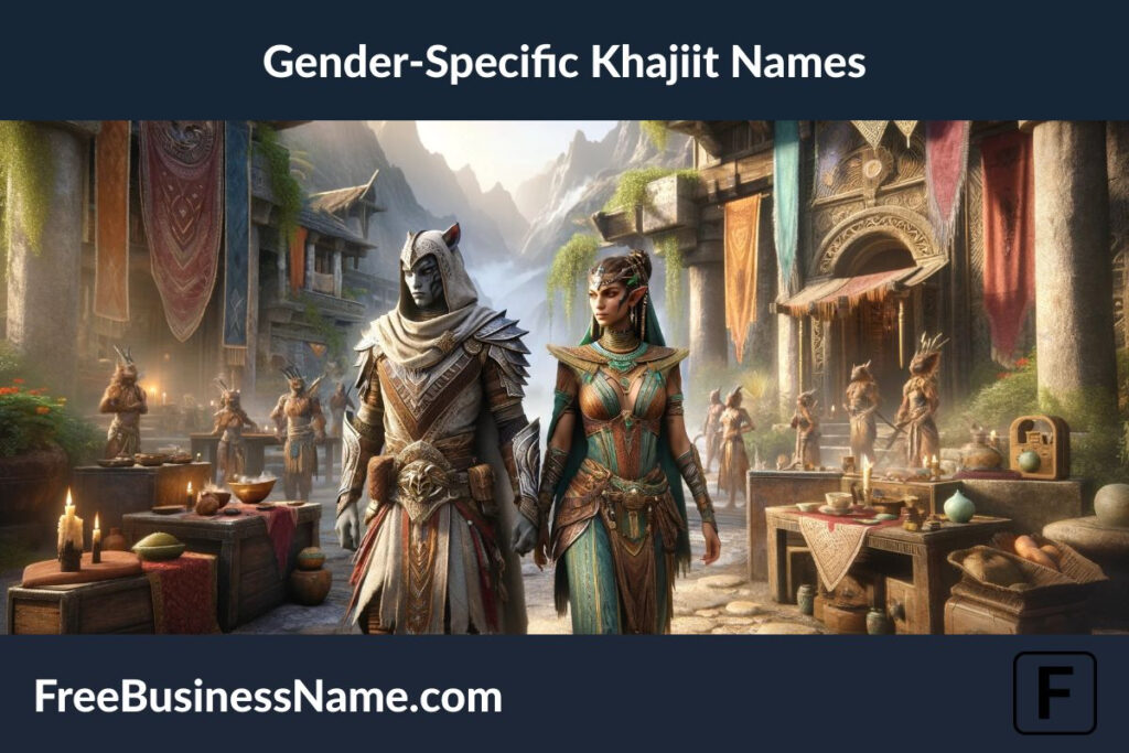 Here is the cinematic image depicting gender-specific aspects of Khajiit culture in the Elder Scrolls universe.