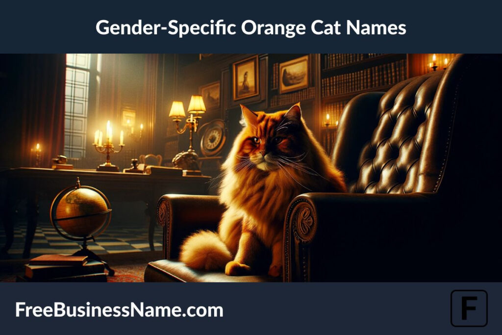 a cinematic image inspired by the idea of gender-specific orange cat names. The scene features a majestic orange male cat in a regal library setting, creating an atmosphere of elegance and confidence.