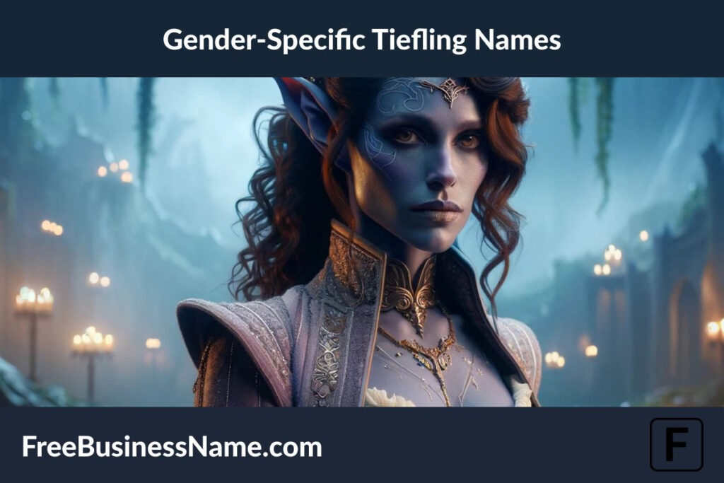 Here is the cinematic image featuring a gender-specific Tiefling character in a fantasy setting. The scene conveys a distinct sense of the character's gender through their appearance and the enchanting, mystical environment around them.