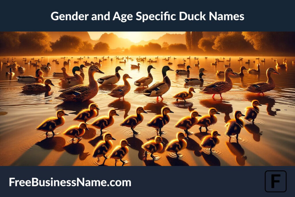 The cinematic image inspired by gender and age-specific duck names has been created, showcasing a beautiful scene at a tranquil lake during the golden hour. Enjoy the rich depiction of ducks at various life stages!