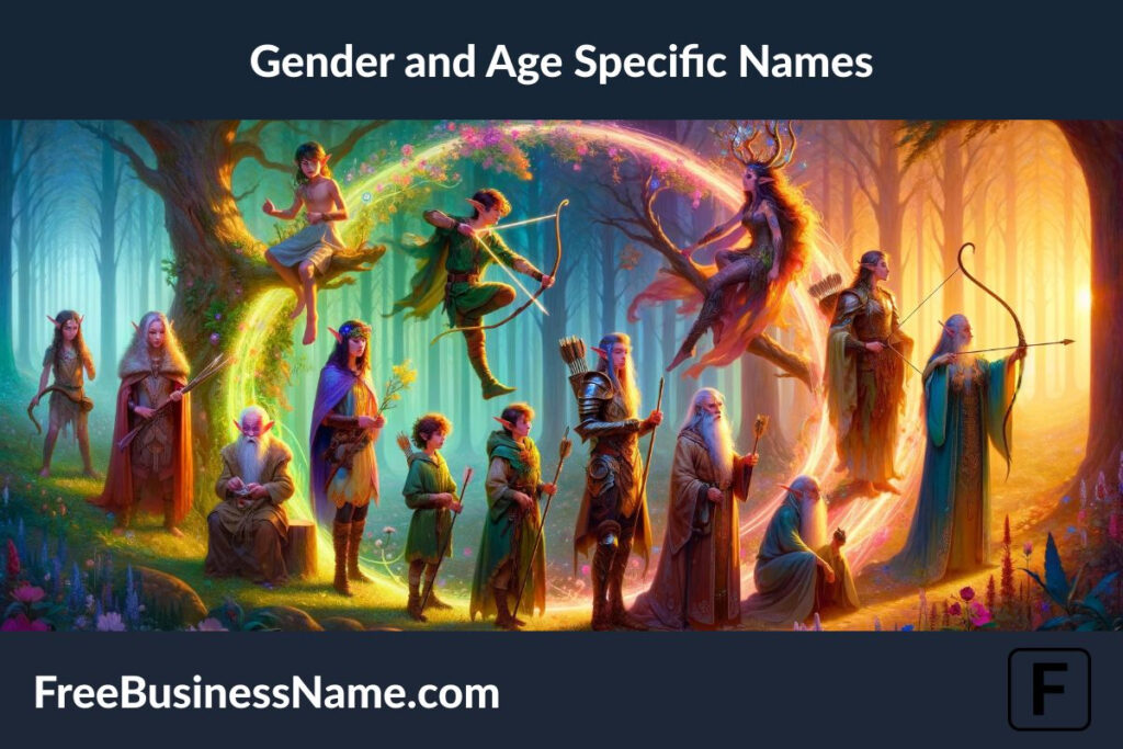 an image that visualizes a diverse group of elves, each representing different genders and ages, set within an enchanted forest. This scene captures the essence of life's cycle and the unique roles individuals play within their society.