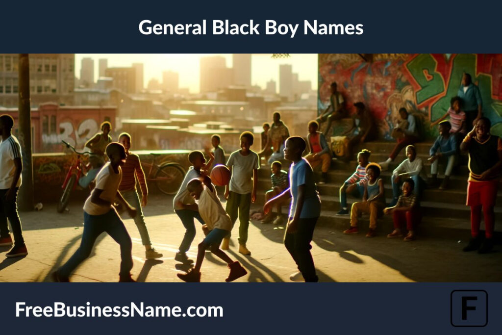 the cinematic image inspired by the theme of 'Black Boy Names', capturing the essence of childhood and camaraderie in a vibrant urban setting.