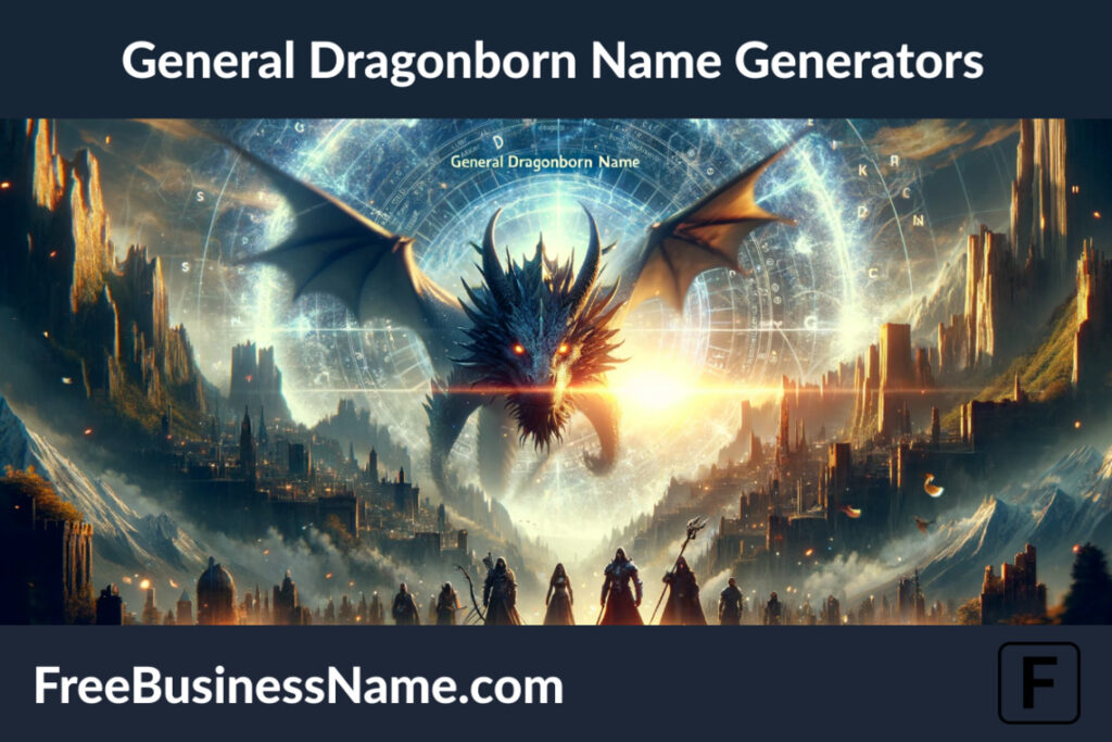 a cinematic portrayal of the concept of general Dragonborn Name Generators, capturing the essence of dragonborn characteristics in a fantasy setting with elements like a majestic dragon, dragonborn warriors, and fantastical landscapes.