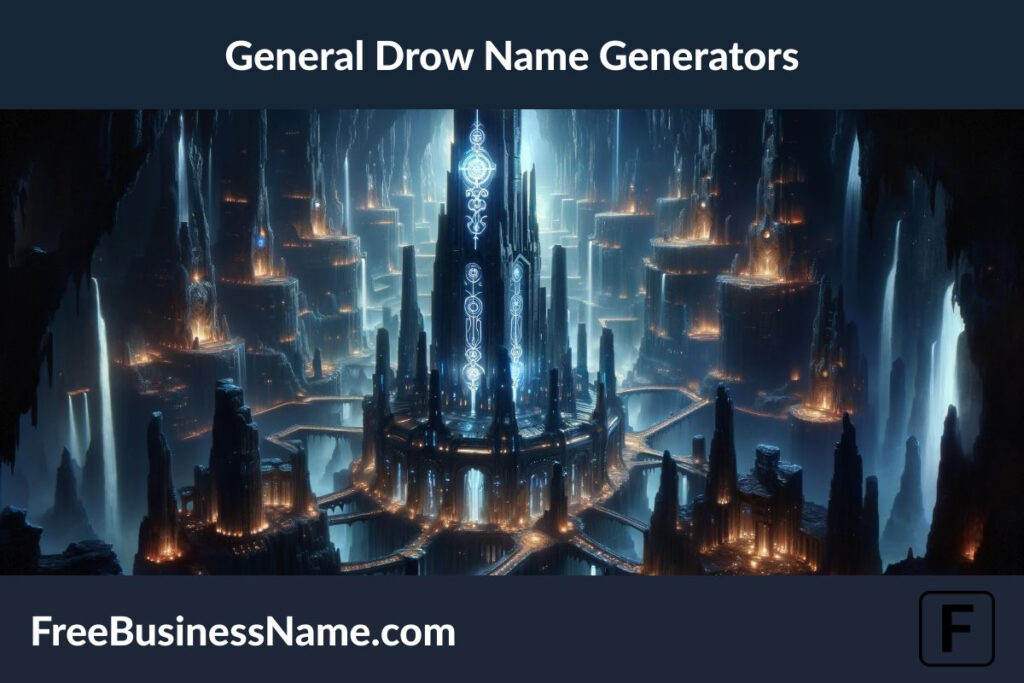 The cinematic image reflecting the grandeur and mystery of a general Drow name generator, set within an underground city illuminated by magical luminescence, has been created. This visualization captures the essence of Drow society and its deep connection to magic and identity, all without the inclusion of explicit letters, numbers, or names.