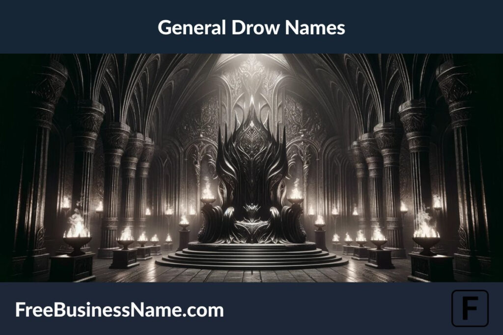 The cinematic image of a grand and ominous Drow throne room has been created, capturing the essence of their leadership and enigmatic society. The atmosphere of ancient magic and power within this shadowy, intricately designed space is palpable, offering a glimpse into the elegance, strength, and dark allure of the Drow culture.