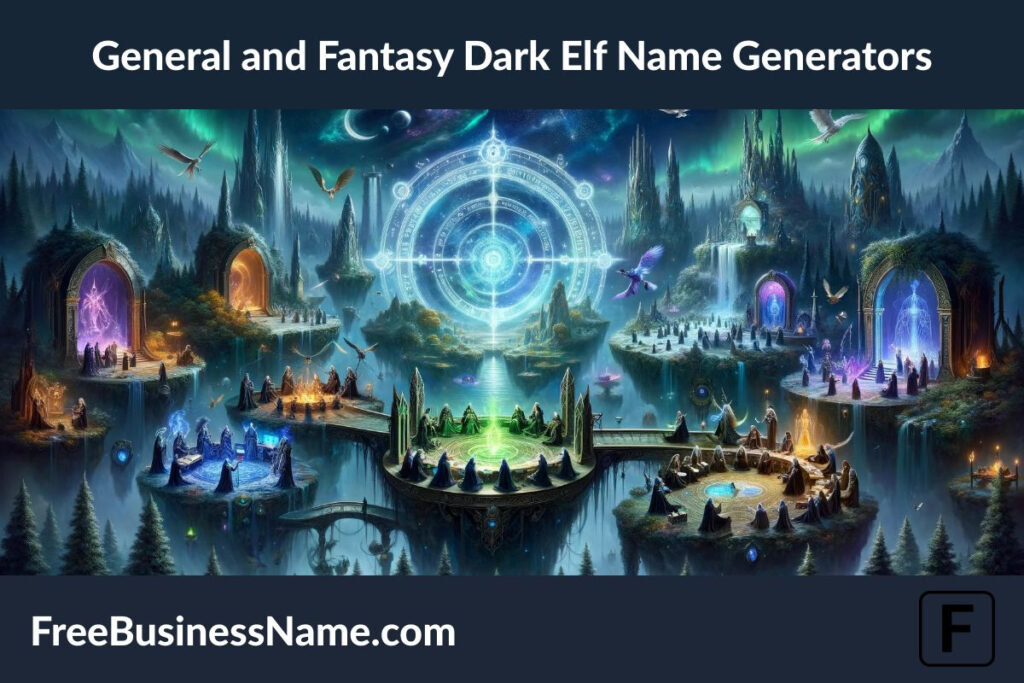 the cinematic image depicting a mystical dark elf realm, illustrating a blend of general and fantasy themes, with a focus on the concept of name generation in dark elf culture.