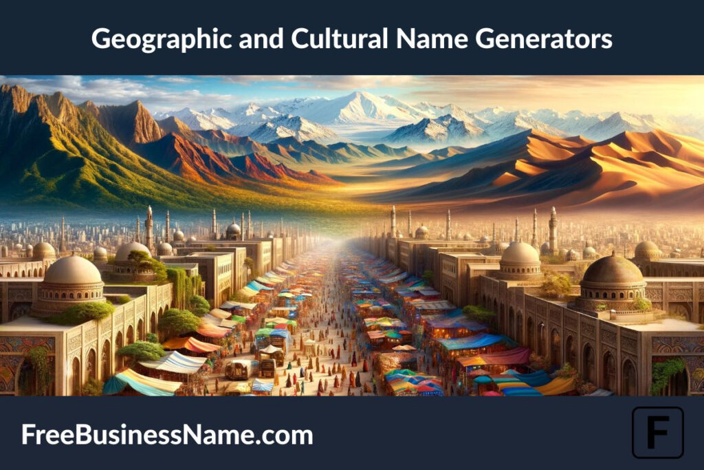 The cinematic image capturing the essence of Geographic and Cultural Name Generators is ready, presenting a scene that beautifully transitions from a lush rainforest to a vibrant market, and then to majestic mountains and a serene desert. This artwork reflects the world's geographical diversity and cultural richness, perfect for inspiring names that embody the essence of various locales and cultures.