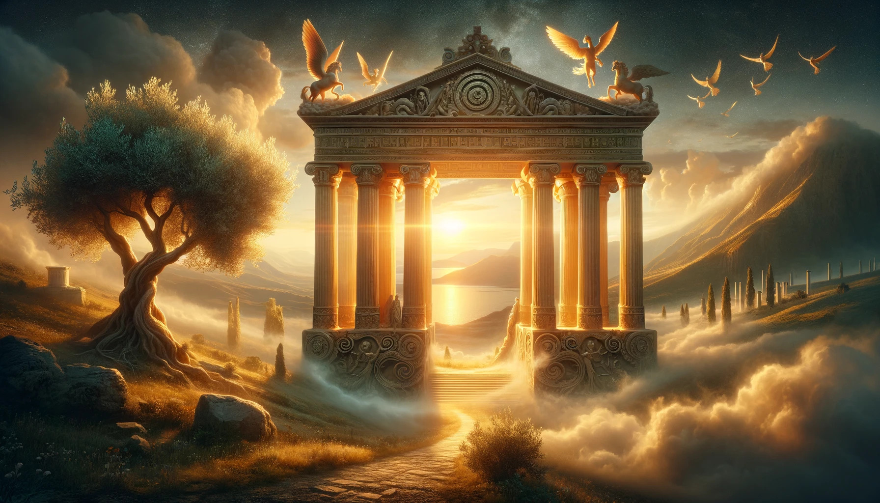 a cinematic image that captures the essence of an ancient Greek name generator without including any letters, numbers, or names. Feel free to explore the mystical scene that evokes the timeless beauty and mystery of Greece.