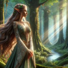 a cinematic image of a high elf in a mystical forest setting, capturing the essence of grace and connection to nature characteristic of high elves in fantasy worlds.