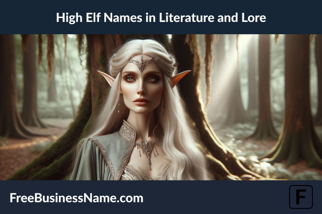 the image of a high elf character inspired by classic literature and lore, set in a mystical and ancient forest environment that captures the timeless magic typical of high elf settings in classical literature.