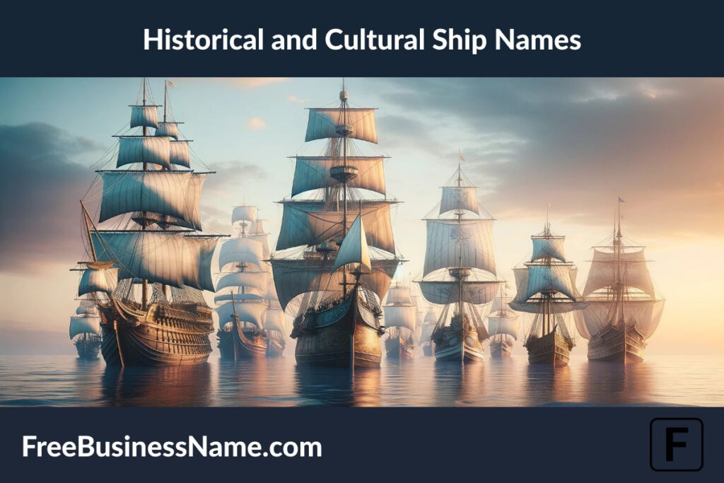 The cinematic image capturing ships of historical and cultural significance sailing together on a peaceful sea has been created, focusing on the diversity and beauty of maritime history without any visible letters, numbers, or names.