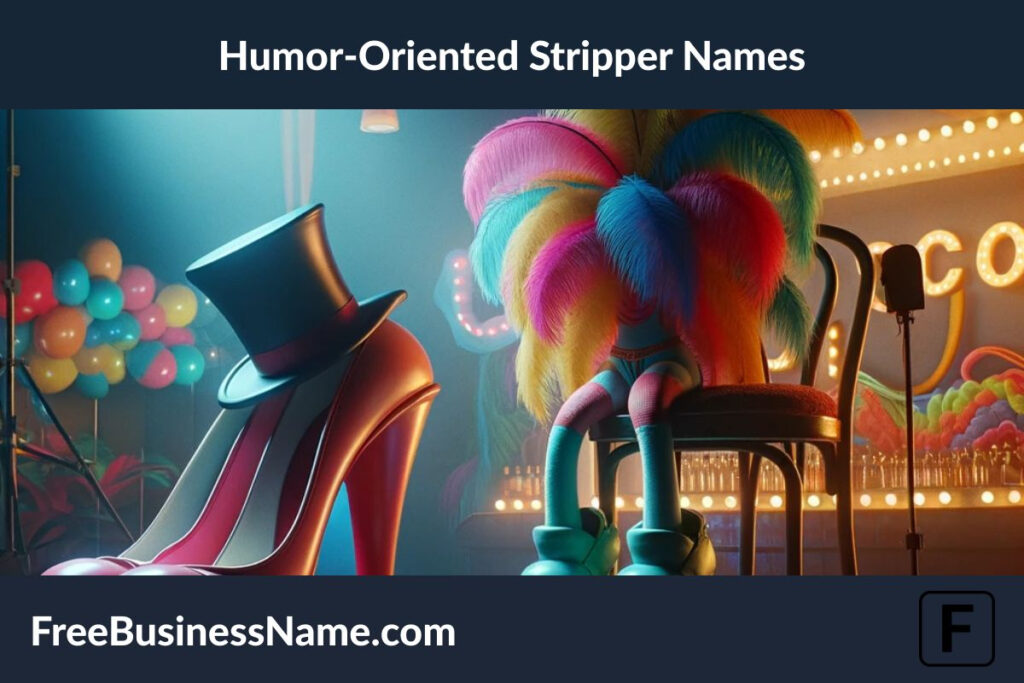 Here's a cinematic image that represents the theme of humor-oriented stripper names, featuring whimsical and playful elements.