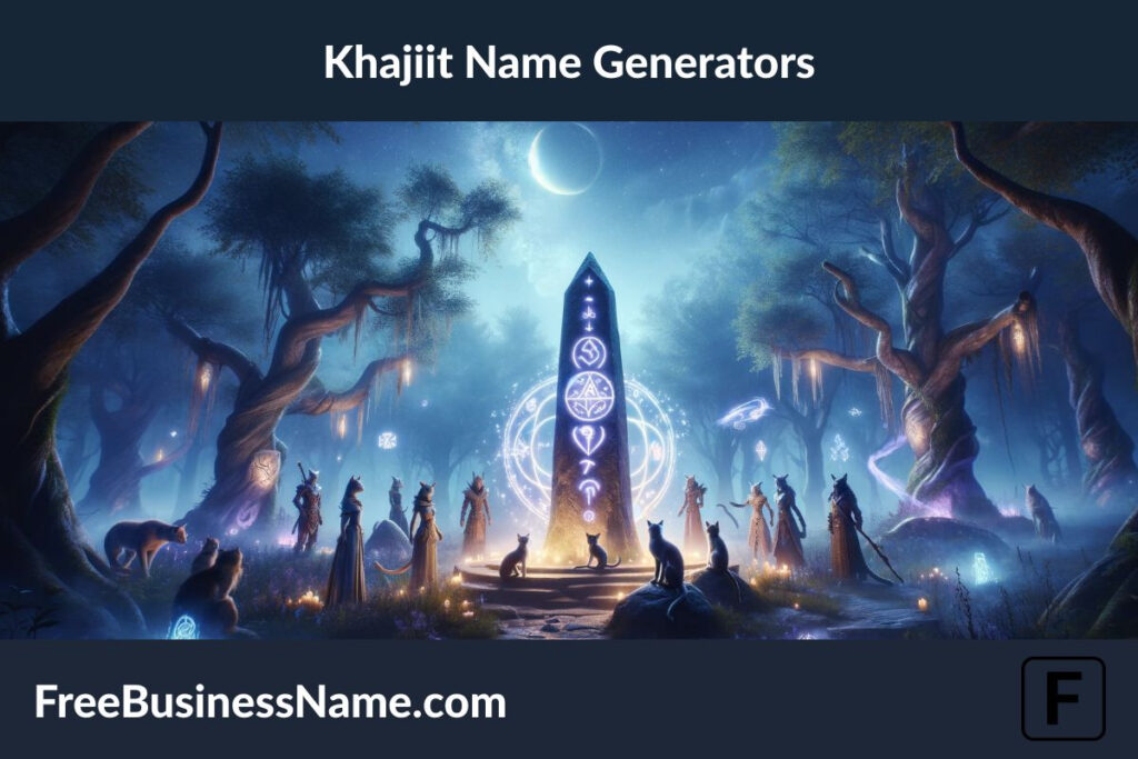 Here is the cinematic image inspired by the theme of Khajiit Name Generators, set in a magical and enigmatic fantasy realm. This scene portrays the essence of the Khajiit, a cat-like humanoid species, in a mystical forest setting.