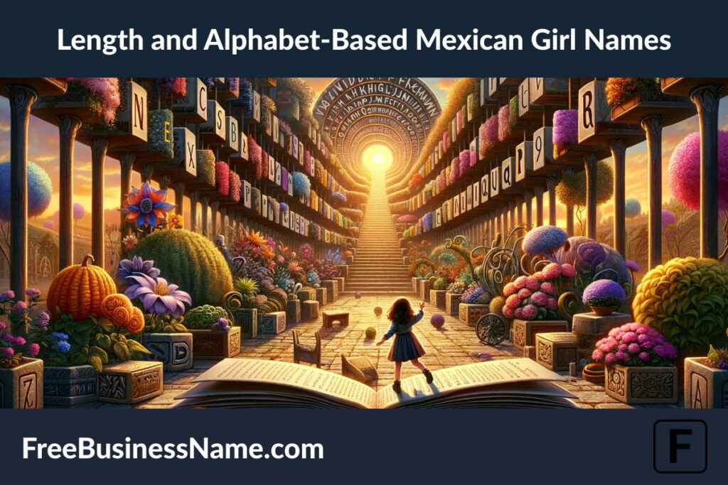 the cinematic image inspired by length and alphabet-based Mexican girl names. The scene captures a whimsical and educational atmosphere, blending cultural and linguistic elements in a creative way.