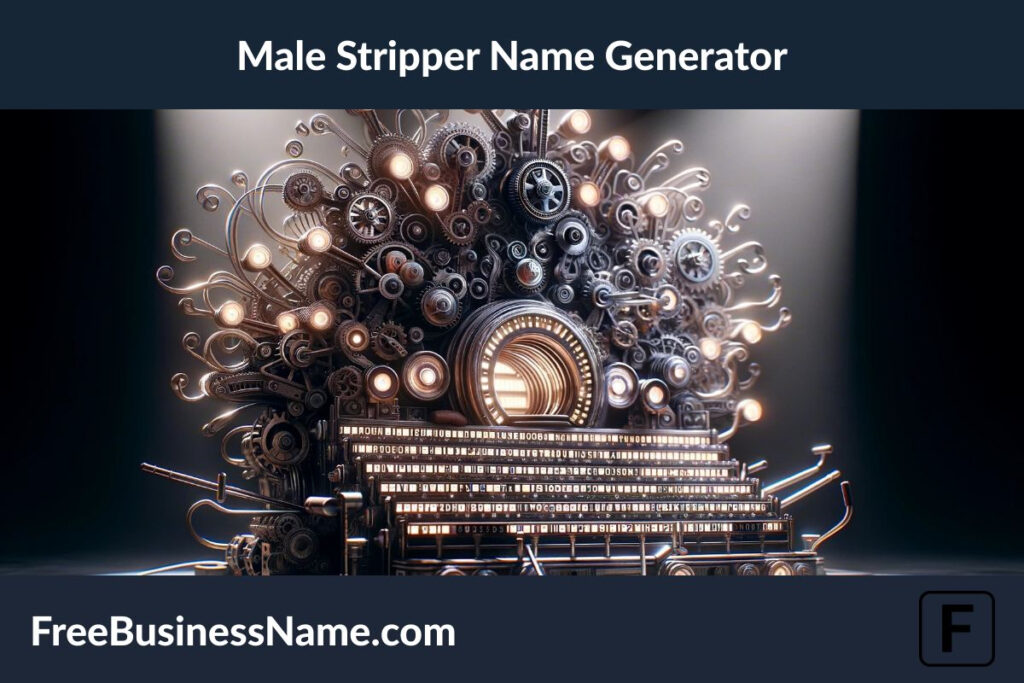 Here is the cinematic, widescreen image designed to represent the concept of a 'Male Stripper Name Generator', created in a 16:9 aspect ratio. The scene features a large, whimsical machine with abstract elements like metallic gears, robust levers, and pulsating lights, set in a dimly lit, atmospheric room. The machine's bold and intricate design is accentuated by a focused spotlight, evoking a sense of mystery and masculine energy.