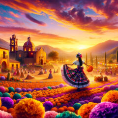 the cinematic image inspired by Mexican girl names, capturing a vibrant and picturesque Mexican landscape at sunset. The scene features a young girl in traditional dress, surrounded by marigold flowers, with an idyllic village and a colorful sky in the background.