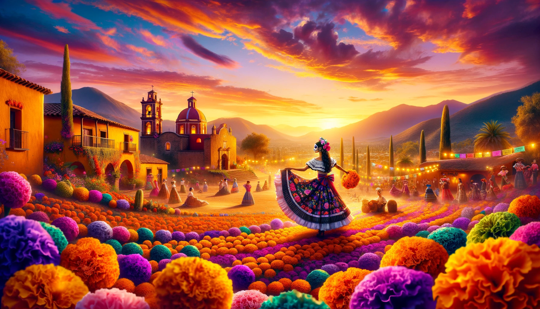 the cinematic image inspired by Mexican girl names, capturing a vibrant and picturesque Mexican landscape at sunset. The scene features a young girl in traditional dress, surrounded by marigold flowers, with an idyllic village and a colorful sky in the background.