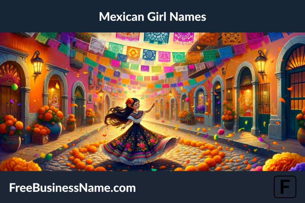 a cinematic image inspired by Mexican culture, particularly elements associated with Mexican girl names. The scene captures the essence of a lively Mexican festival with vibrant colors and traditional elements.
