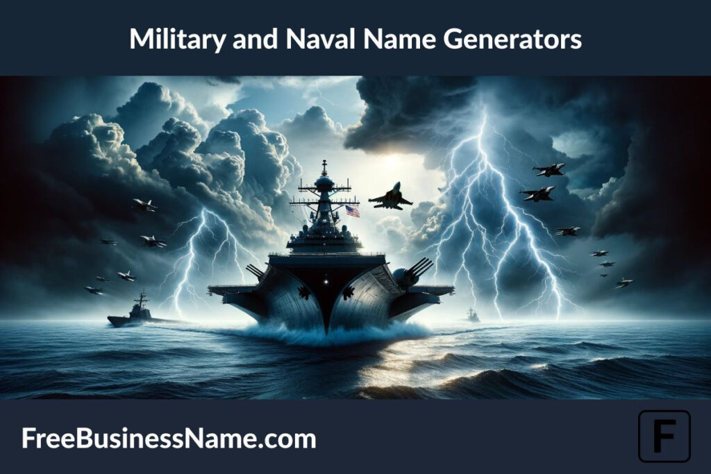 The cinematic image capturing the essence of Military and Naval Name Generators is ready, showcasing a powerful scene with an imposing battleship, fighter jets, and a submarine navigating through a stormy sea and sky. This artwork embodies the strength and readiness of military and naval forces, designed to inspire the naming of such mighty vessels and aircraft.