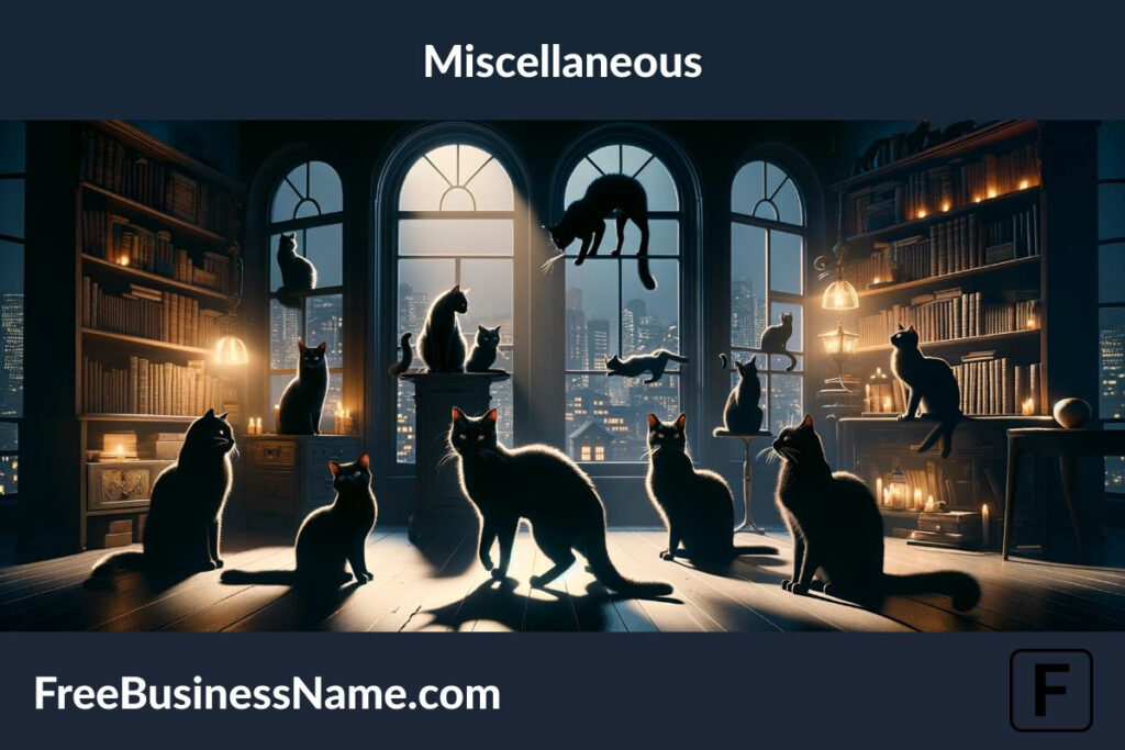 a cinematic image inspired by miscellaneous black cat names, capturing the diversity and uniqueness of these names. The scene features a variety of black cats, each showcasing a different aspect, set in an eclectic environment. The dynamic lighting highlights each cat's individuality, creating an enigmatic and whimsical atmosphere.
