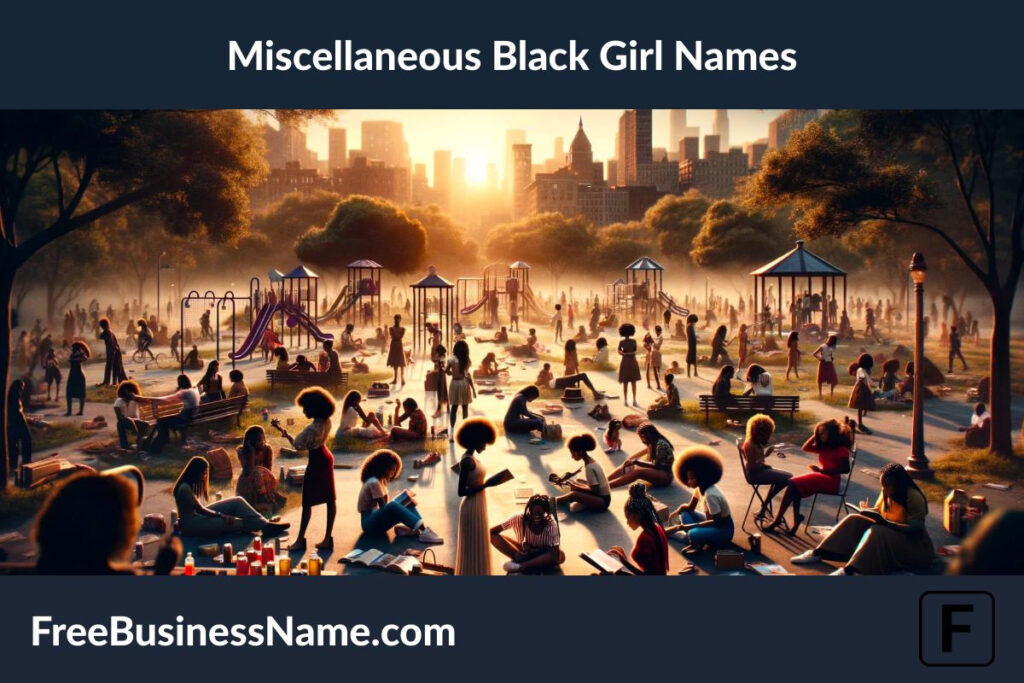 the cinematic image that captures the essence of miscellaneous Black girl names, depicting a diverse and vibrant city park scene.