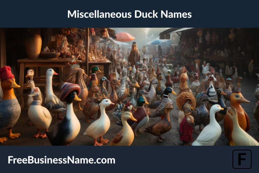 The image inspired by miscellaneous duck names has been crafted, set in a bustling village market with ducks showcasing their whimsical appearances. Step into this charming and eclectic scene!