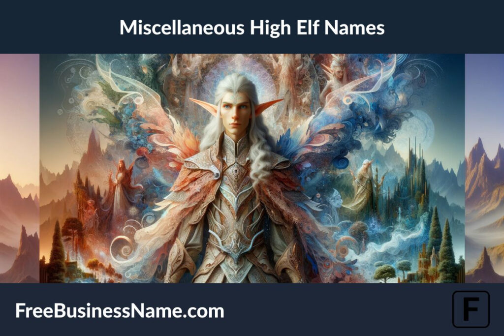 the image of a high elf character, inspired by a blend of miscellaneous high elf themes from various sources, set in a fantastical fusion of landscapes that represent a diverse range of high elf environments.