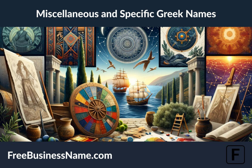 a cinematic image, reflecting a range of miscellaneous and specific Greek names through symbolic visuals, has been generated.