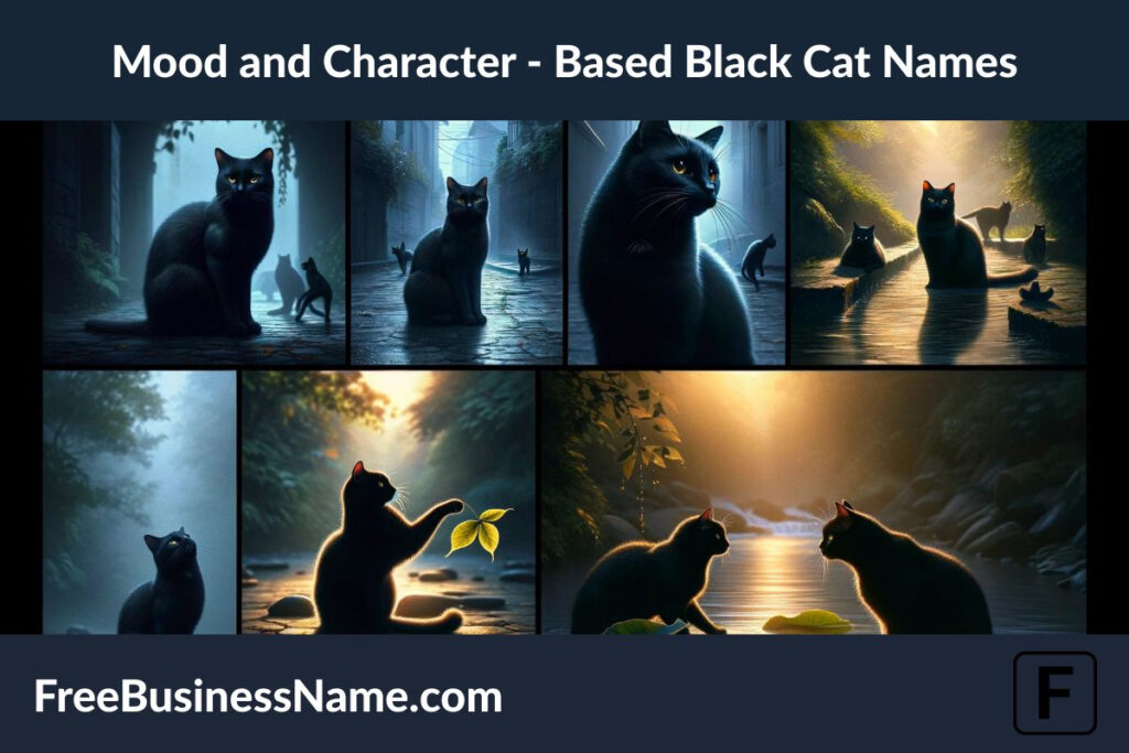 a cinematic image inspired by mood and character-based black cat names. The scene features several black cats, each displaying a unique character trait, set in a varied landscape that matches their personalities. The lighting and color palette enhance the mood of each cat, creating a visually rich and diverse scene.