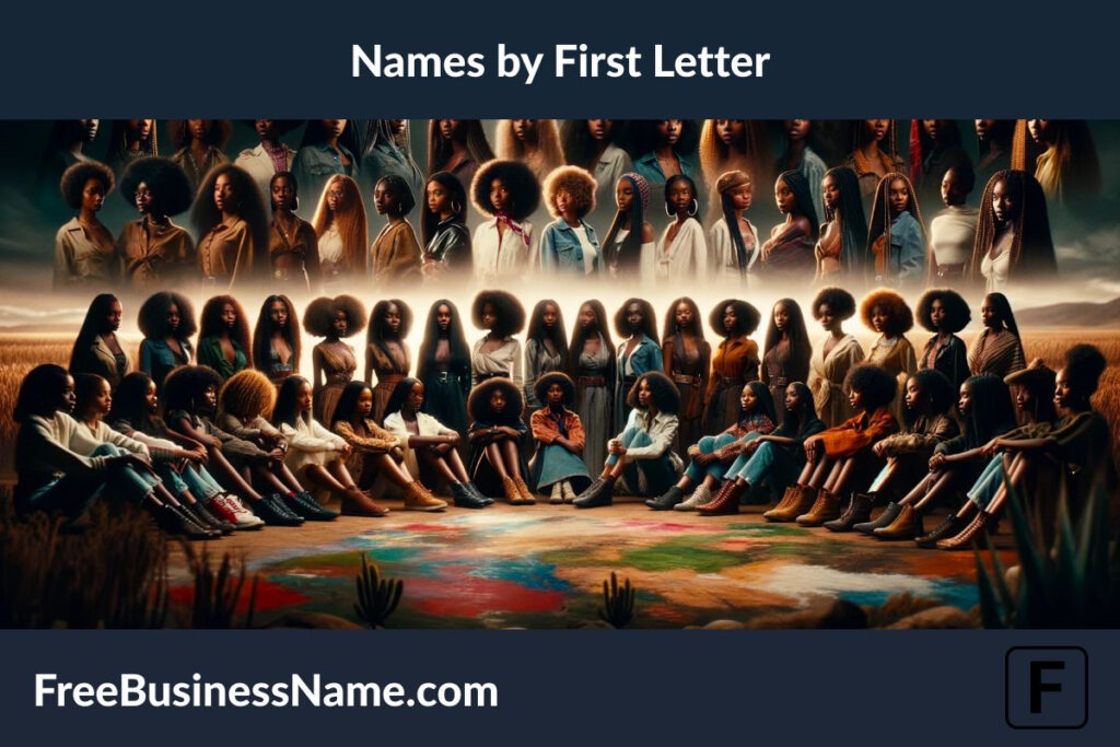 the cinematic image representing the concept of Black girl names categorized by the first letter, featuring a diverse group of girls symbolizing unity and diversity in a vibrant setting.