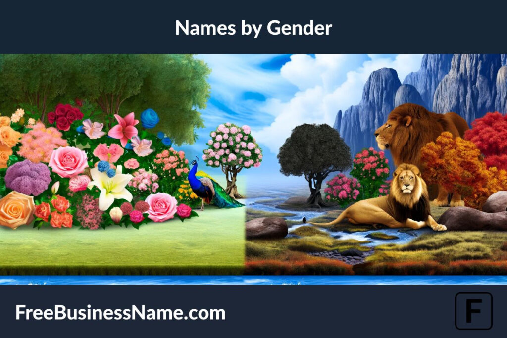 Here are cinematic images that capture the essence of names by gender, illustrating a harmonious blend of elements symbolizing both femininity and masculinity.