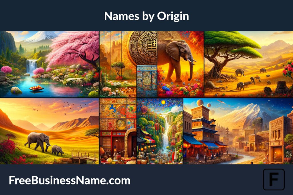Here's a cinematic image that beautifully represents names by origin, visually capturing the essence of different cultures around the world. Each quadrant of the image symbolizes a unique cultural origin, celebrating the diversity and richness of names from various traditions.