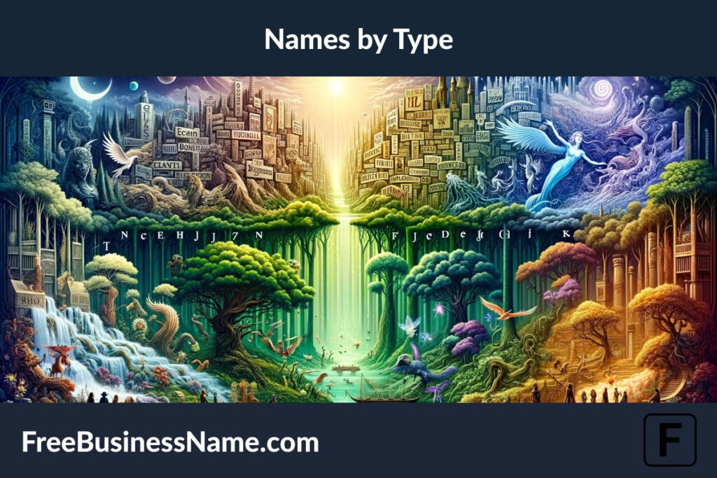 Here's a cinematic image that creatively categorizes names by type, visually embodying the essence of different categories. This scene offers a visual journey through the various categories of names, each section representing a unique type.