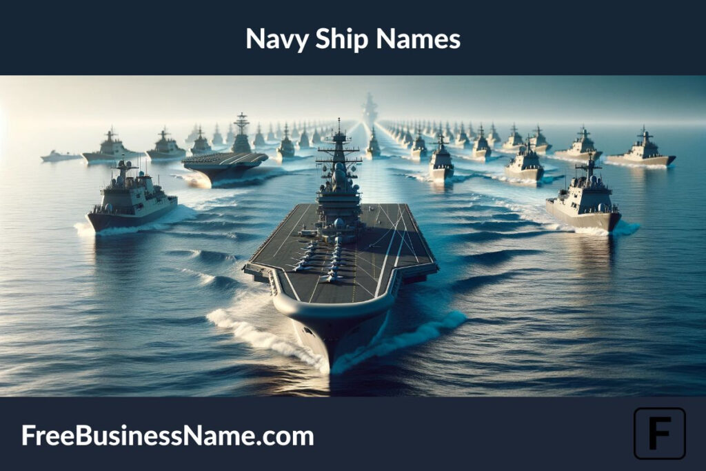 The cinematic image showcasing a fleet of modern navy ships moving in formation across the open sea has been created, focusing on the impressive and formidable appearance of these vessels without any visible letters, numbers, or names.