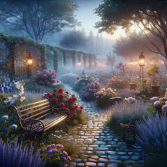 a cinematic image inspired by the theme of "Old Lady Names," visualizing a serene and timeless garden at twilight. This garden is filled with flowers cherished through generations, symbolizing the beauty and elegance of classic names. A vintage wrought iron bench in the center invites contemplation, surrounded by a path of cobblestone, with the scene gently illuminated by lanterns, creating a warm ambiance. This visual encapsulates a sense of peace, history, and the enduring beauty of traditions passed down through the ages.