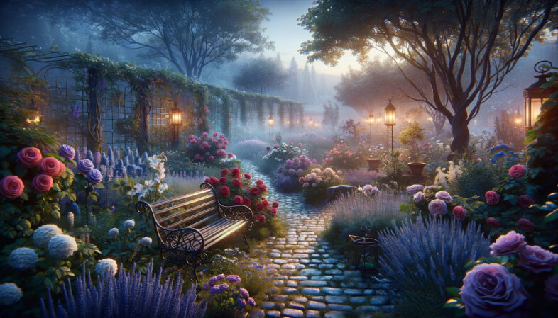 a cinematic image inspired by the theme of "Old Lady Names," visualizing a serene and timeless garden at twilight. This garden is filled with flowers cherished through generations, symbolizing the beauty and elegance of classic names. A vintage wrought iron bench in the center invites contemplation, surrounded by a path of cobblestone, with the scene gently illuminated by lanterns, creating a warm ambiance. This visual encapsulates a sense of peace, history, and the enduring beauty of traditions passed down through the ages.