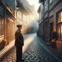 a cinematic image inspired by old man names. It captures an elderly man standing alone on a cobblestone street in a quaint old European village during early morning. The atmosphere is serene, reflecting a sense of nostalgia and timelessness.