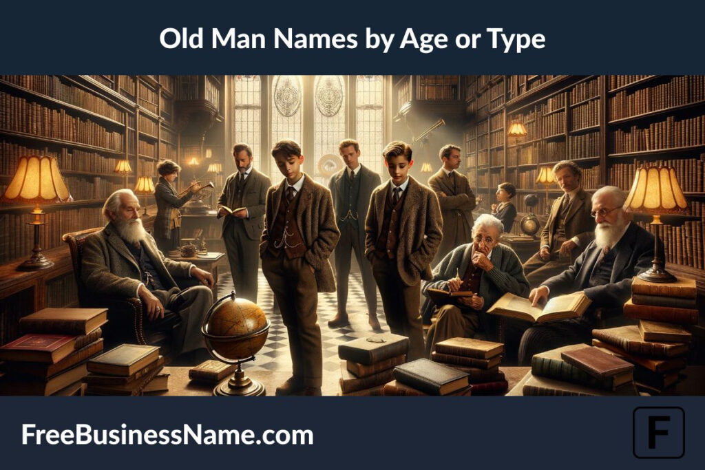 a cinematic image inspired by the concept of "old man names by age or type," set in a timeless library with a diverse group of individuals.