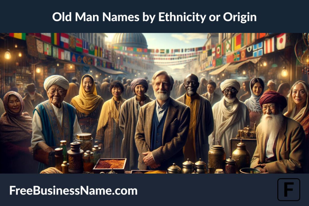 a cinematic image inspired by the concept of "old man names by ethnicity or origin," depicting a vibrant global street market with individuals from various ethnic backgrounds.